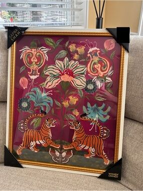 ‼️ RARE Sapna Shah Burgundy Floral Tiger Embroidered Framed Wall Art (24”x20”)